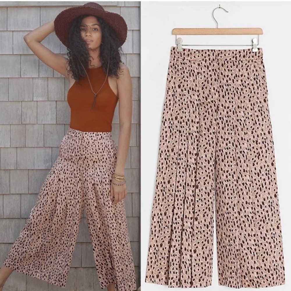 Anthropologie Isobel Pleated Cropped Wide Leg Pants Neutral Leopard Size XS
